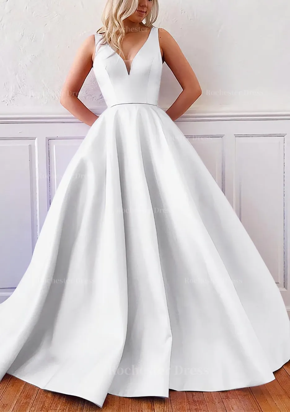 Ball Gown V Neck Sleeveless Satin Sweep Train Prom Dress