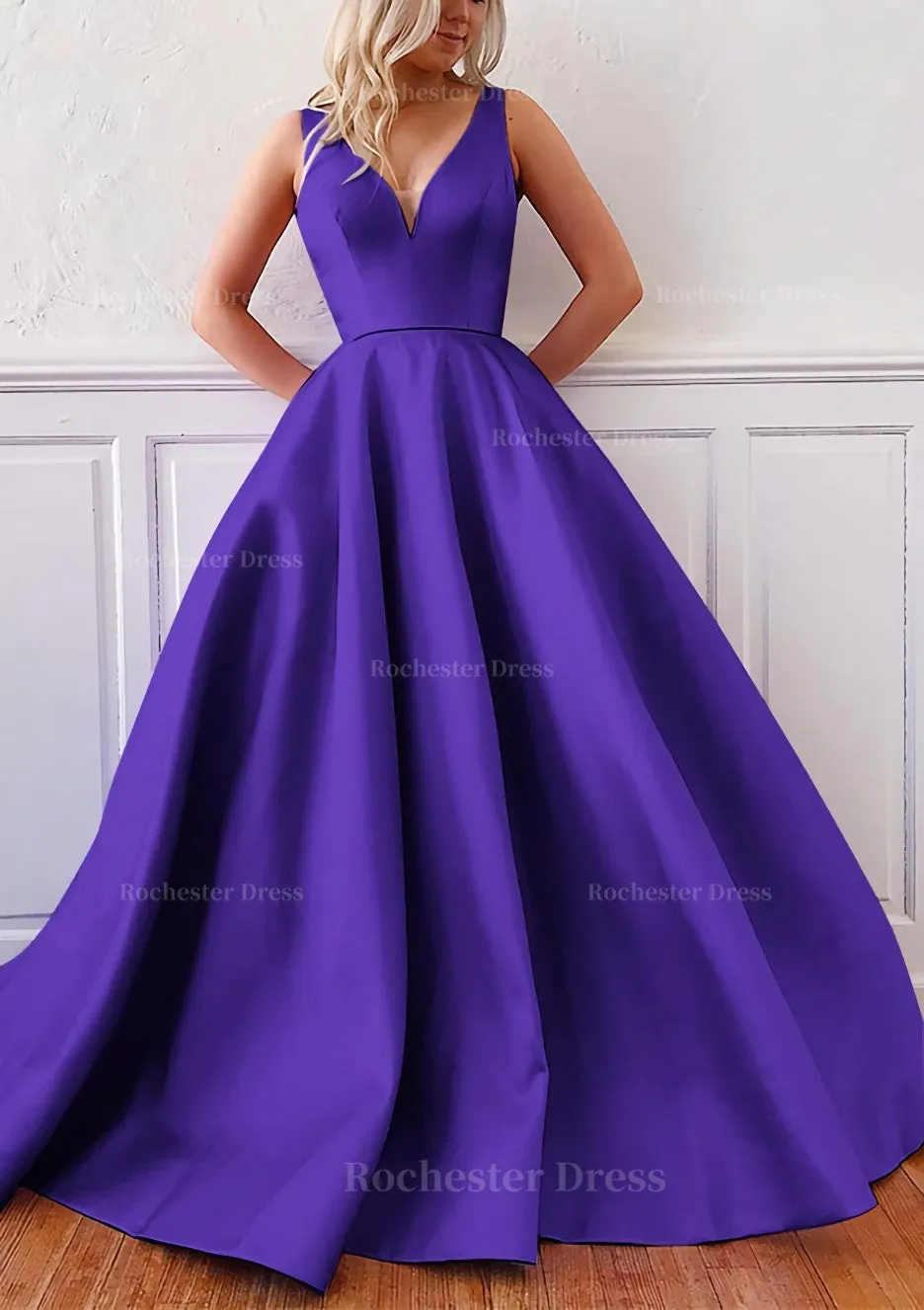 Ball Gown V Neck Sleeveless Satin Sweep Train Prom Dress