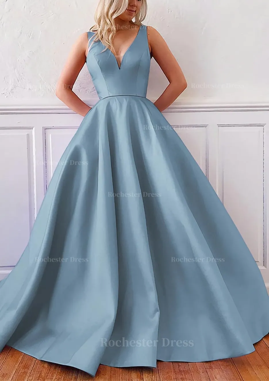 Ball Gown V Neck Sleeveless Satin Sweep Train Prom Dress