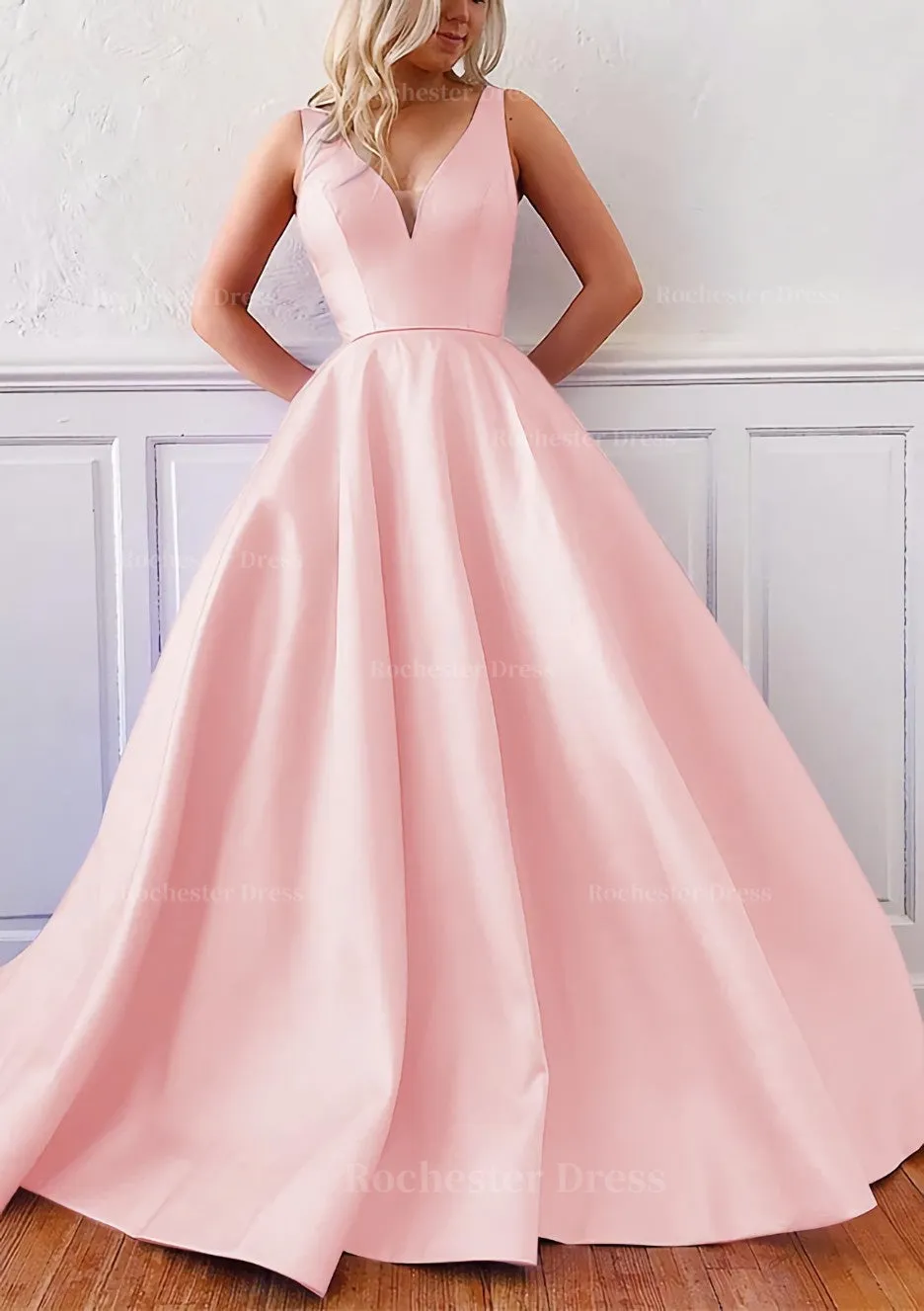 Ball Gown V Neck Sleeveless Satin Sweep Train Prom Dress