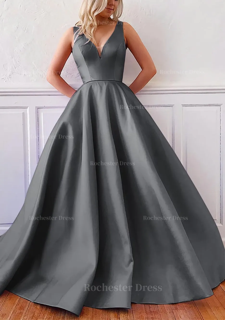 Ball Gown V Neck Sleeveless Satin Sweep Train Prom Dress