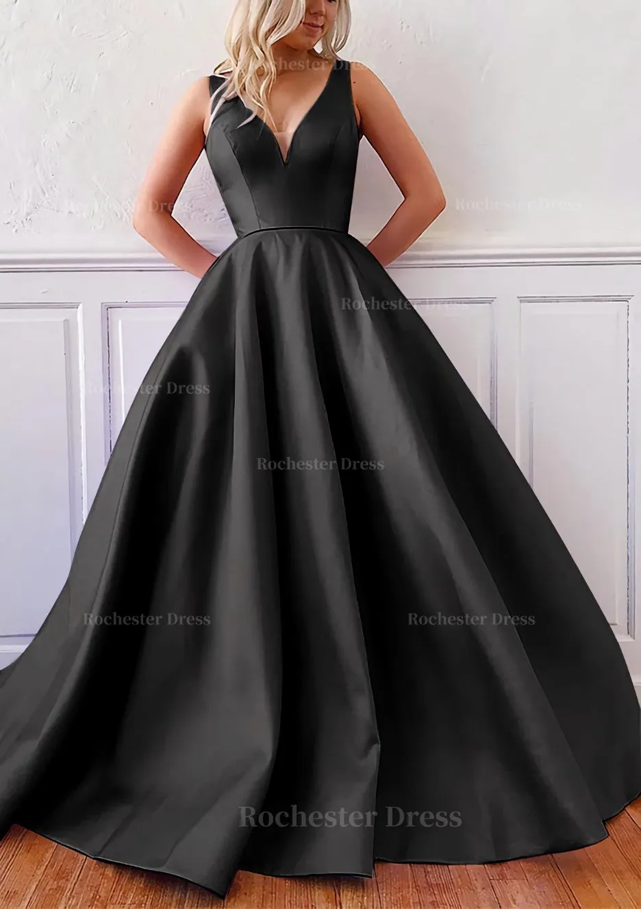 Ball Gown V Neck Sleeveless Satin Sweep Train Prom Dress