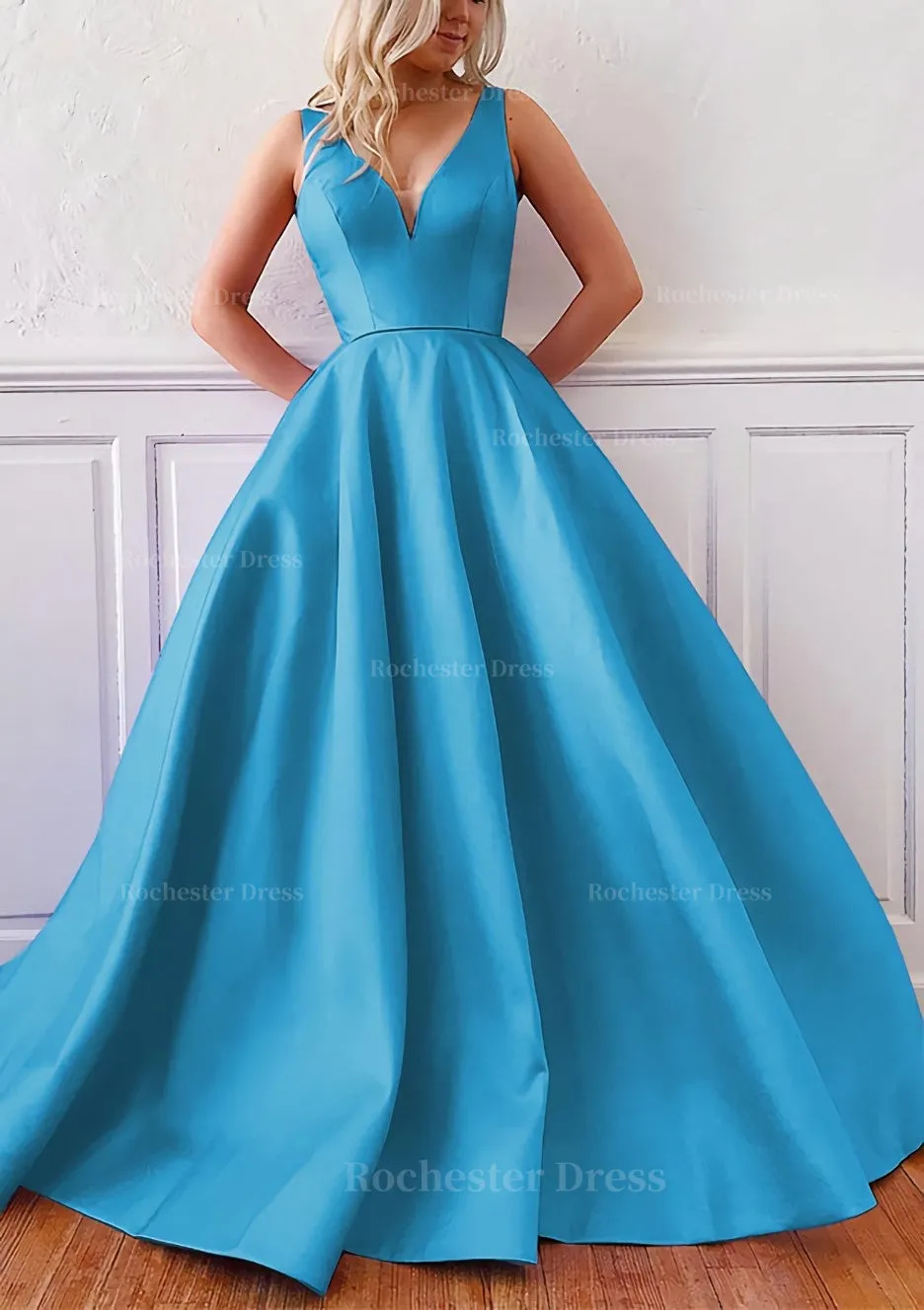 Ball Gown V Neck Sleeveless Satin Sweep Train Prom Dress