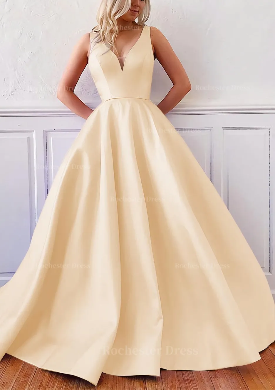 Ball Gown V Neck Sleeveless Satin Sweep Train Prom Dress