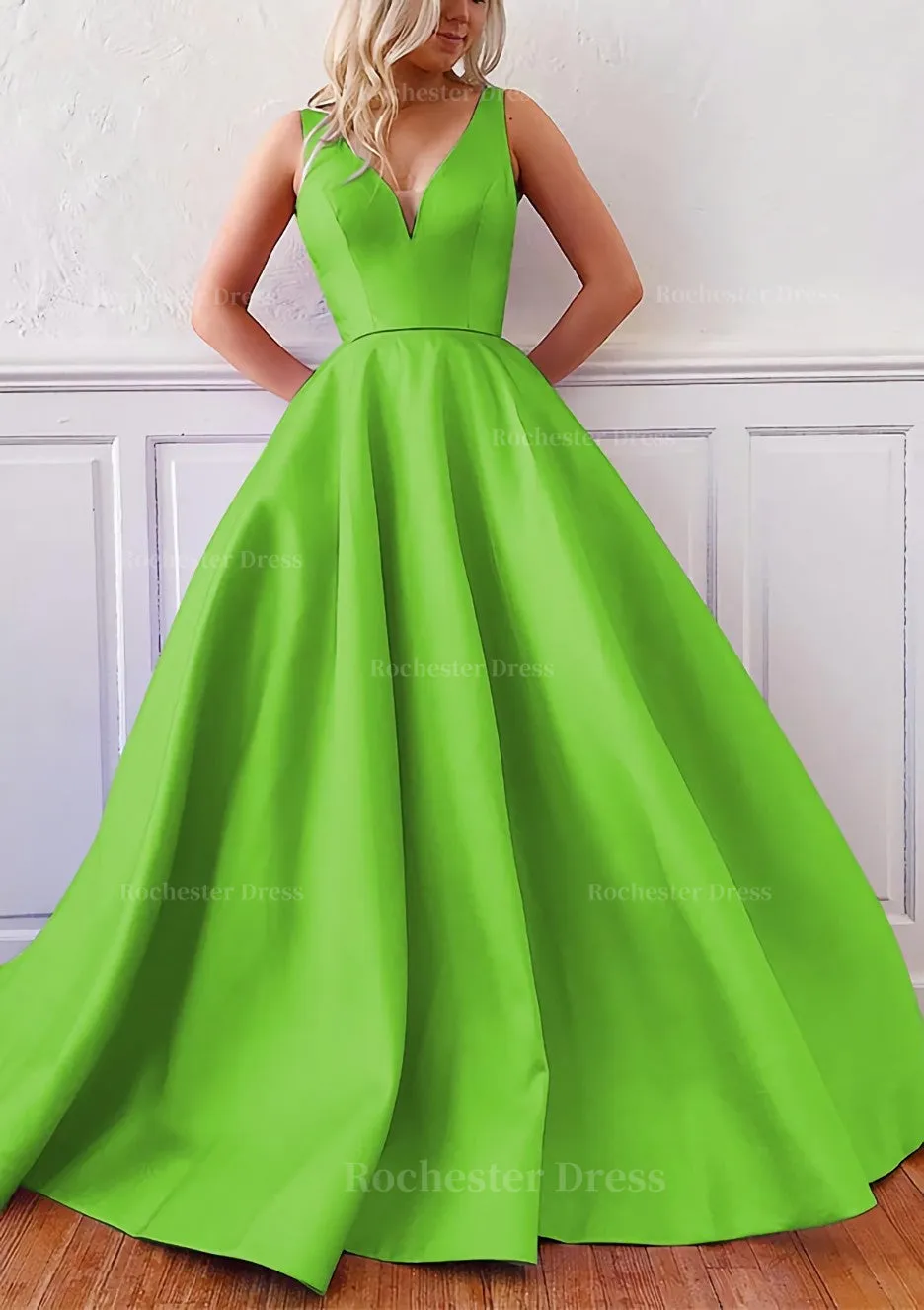 Ball Gown V Neck Sleeveless Satin Sweep Train Prom Dress