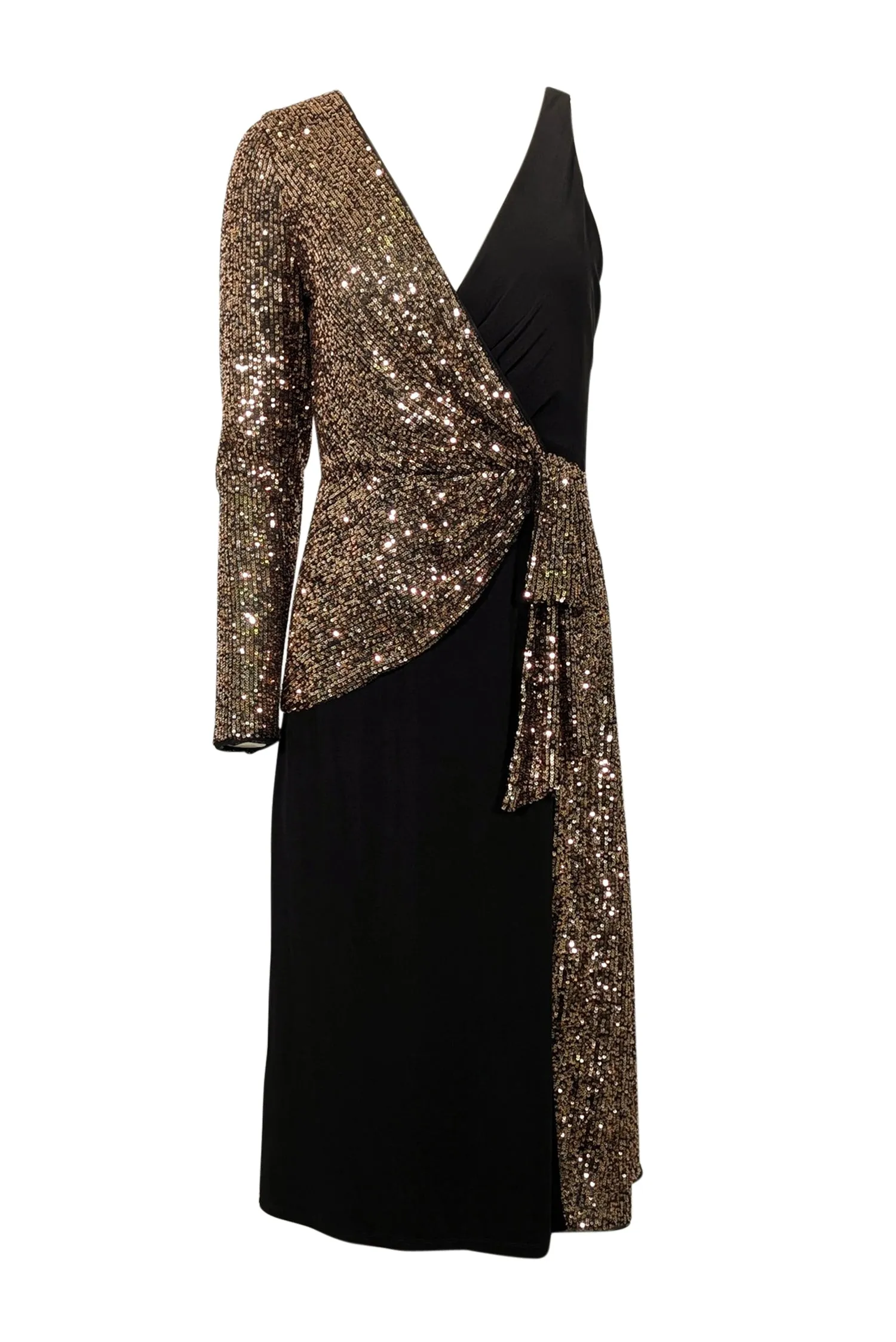 BCBG Max Azria - Black & Copper Sequin One Sleeve w/ Slit Midi Dress Sz S