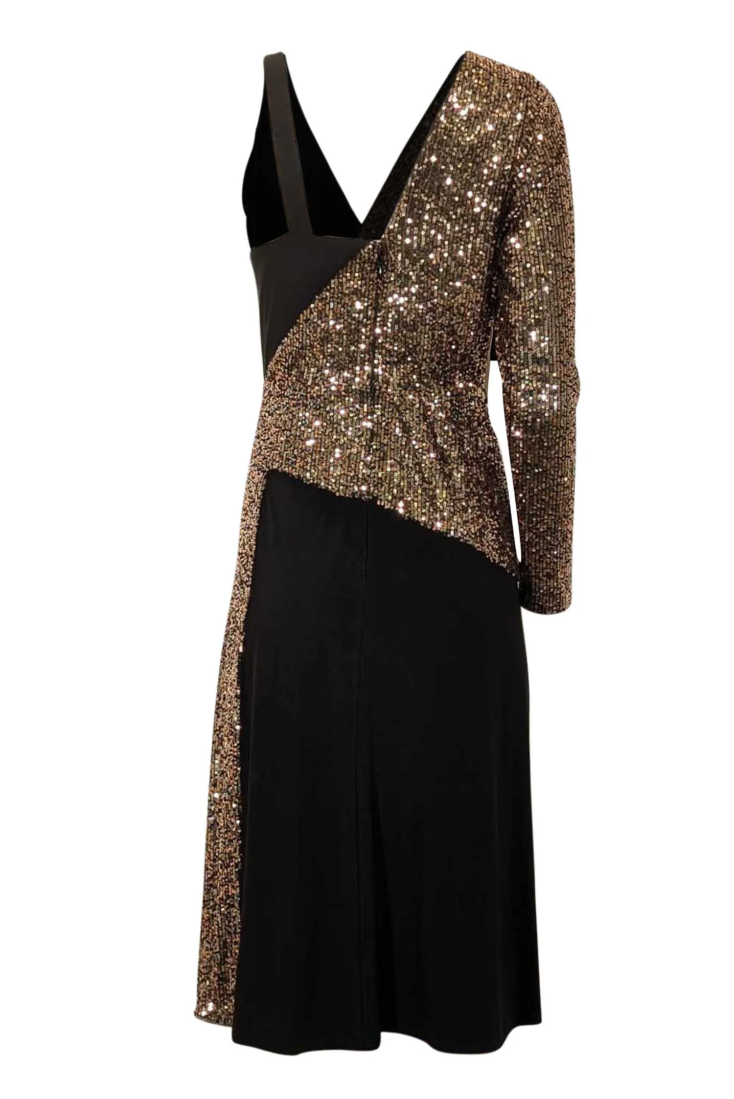 BCBG Max Azria - Black & Copper Sequin One Sleeve w/ Slit Midi Dress Sz S