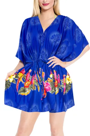 Beachwear Kimono Cover up Short Sleeves Dress Robe Drawstring Top Tunic Blue