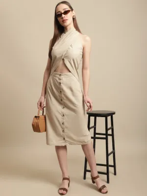 Beige Neck Wrap Dress