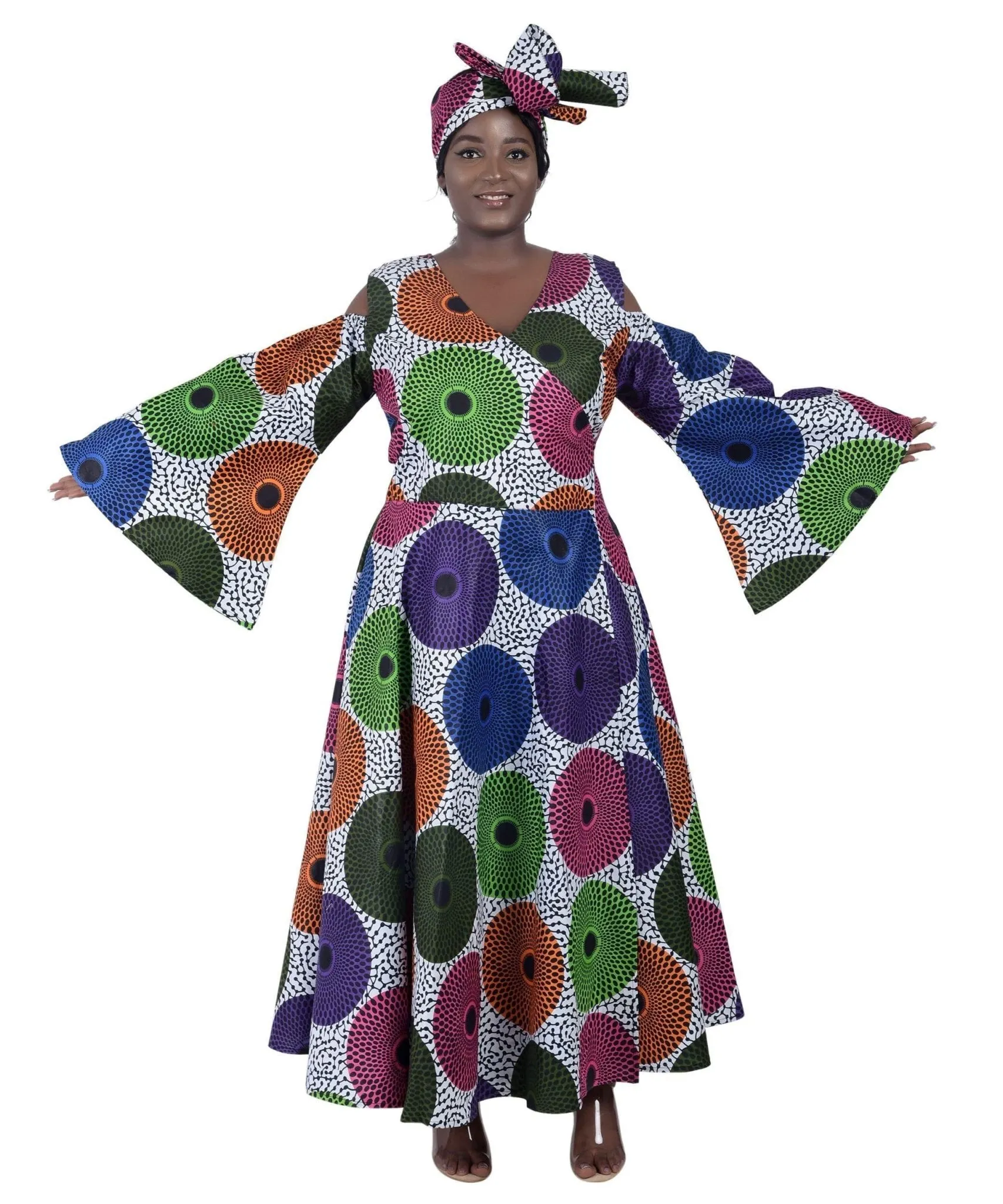 Bell Sleeves African Print Wrap Dress 1918