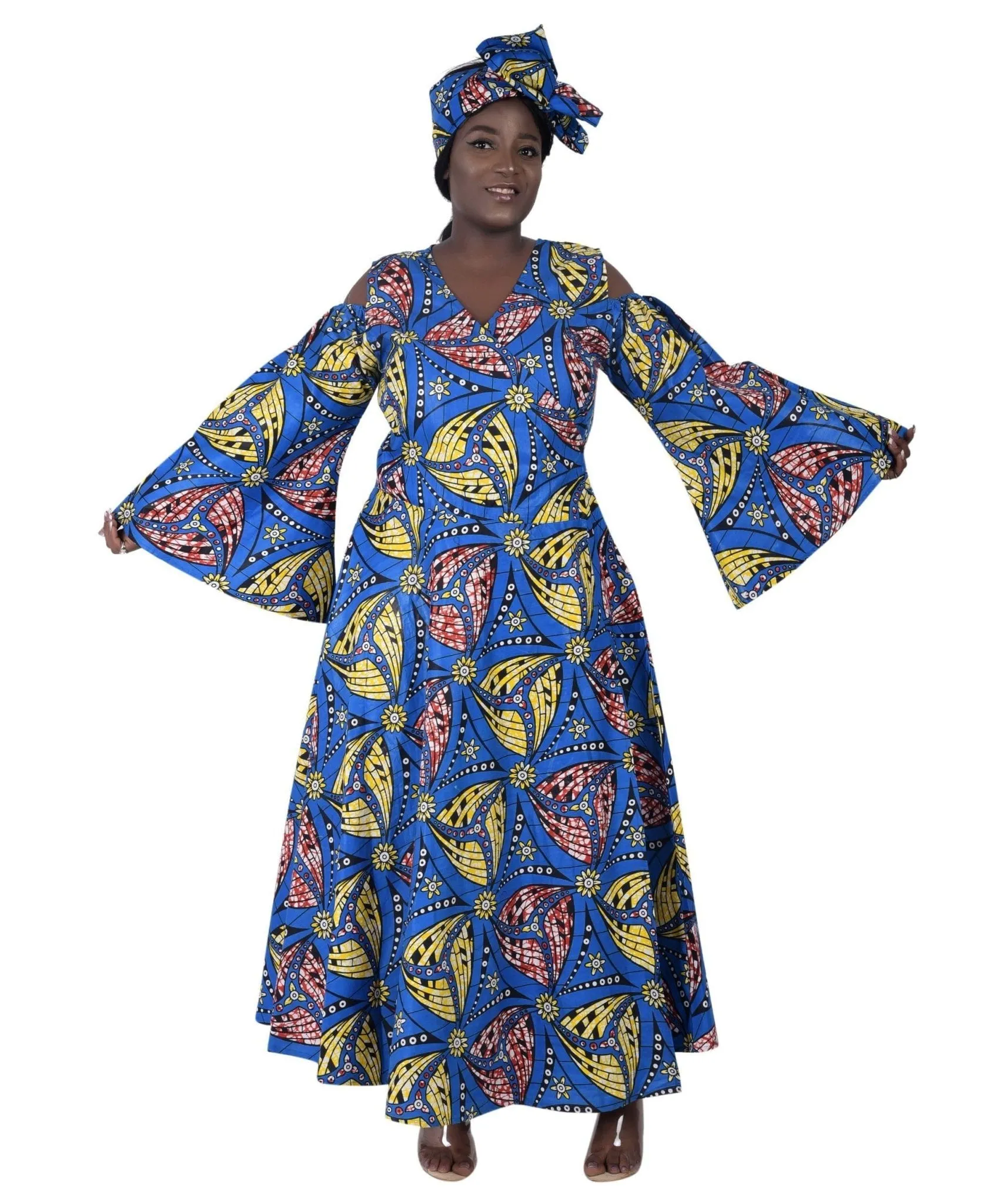 Bell Sleeves African Print Wrap Dress 1918