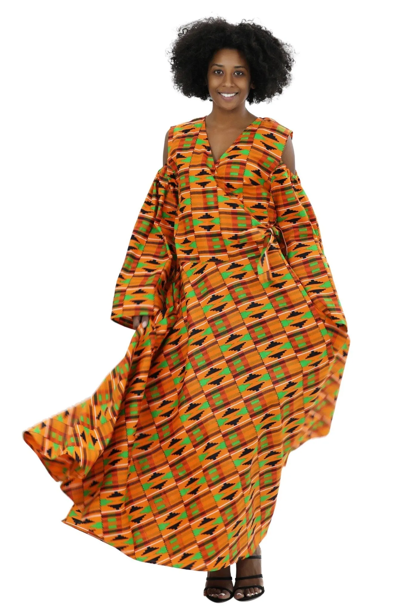 Bell Sleeves African Print Wrap Dress 1918