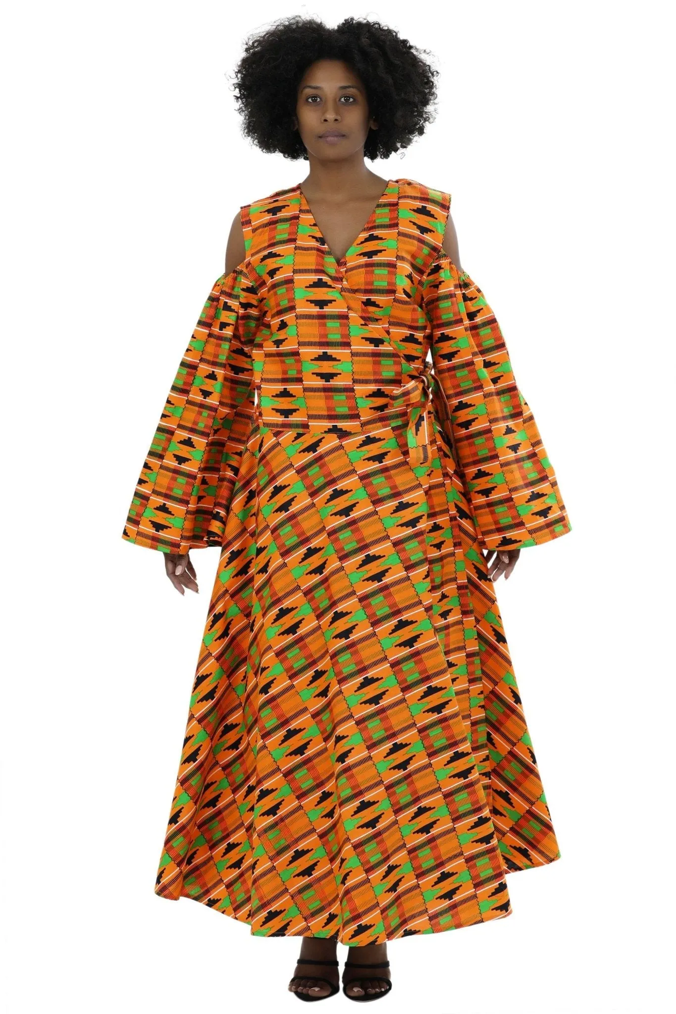 Bell Sleeves African Print Wrap Dress 1918