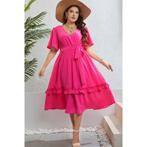 Belted Frill Trim Flutter Sleeve Dress