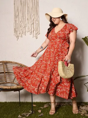 Berrylush Curve Women Red & White Floral Printed V-Neck Flutter Sleeves Wrap Ruffled Midi Dress