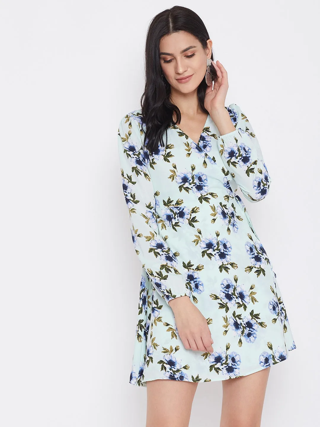 Berrylush Women Green Floral Printed A-Line Wrap Dress