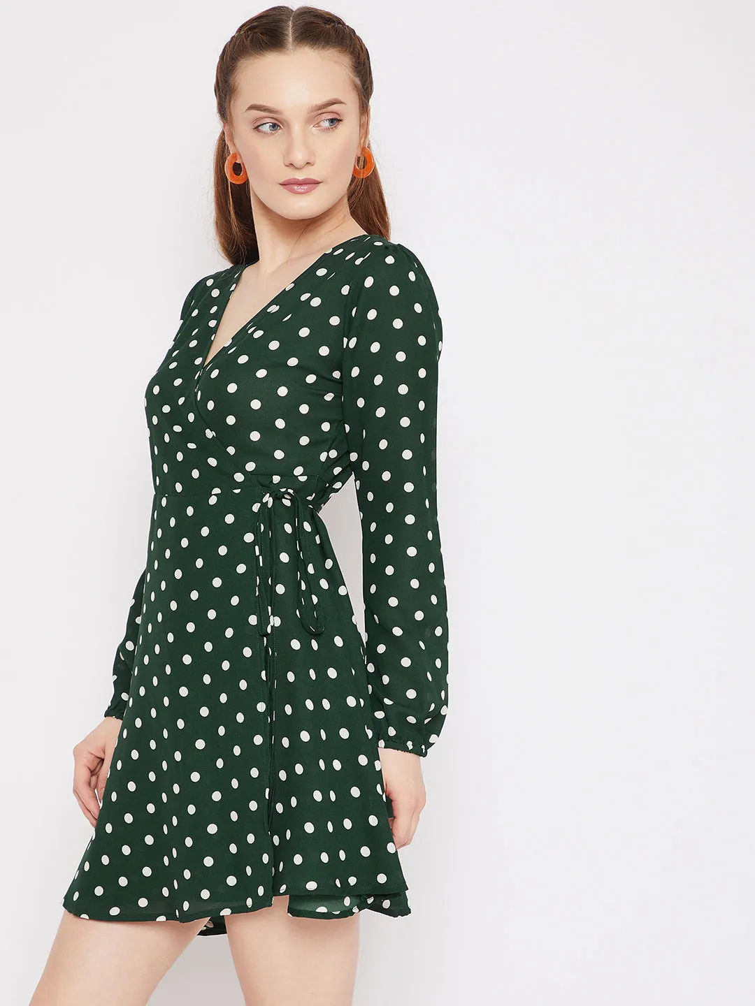 Berrylush Women Green Polka Dot Printed V-Neck Waist Tie-Up Fit & Flare Wrap Mini Dress