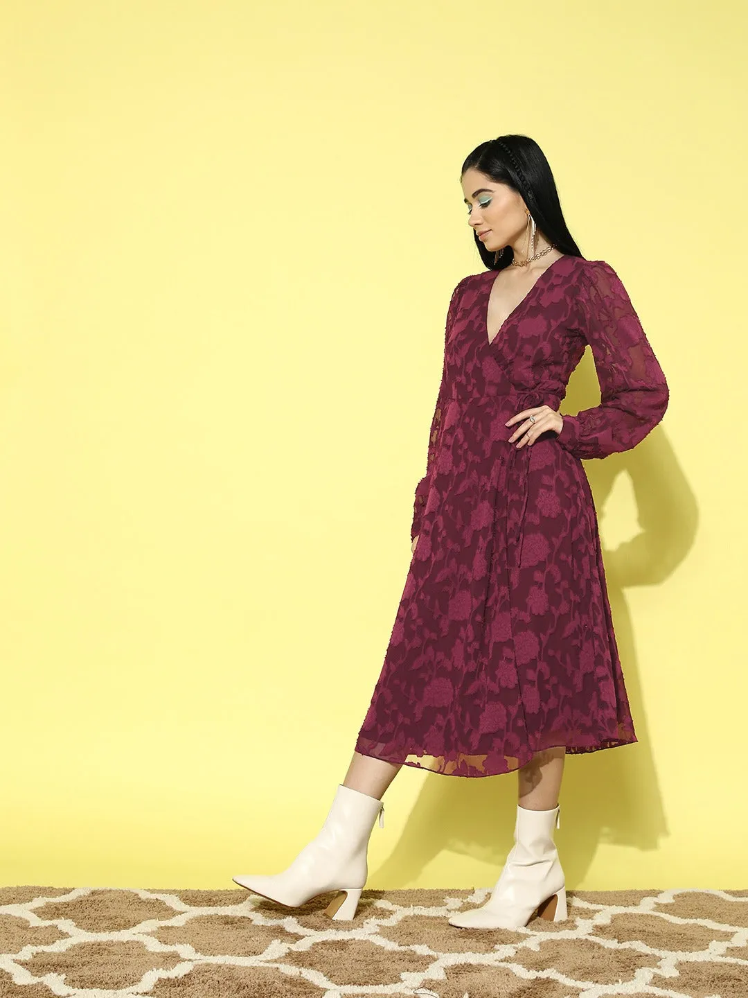 Berrylush Women Maroon Floral Pattern V-Neck Bishop Sleeves Jacquard Layered Wrap Midi Dress