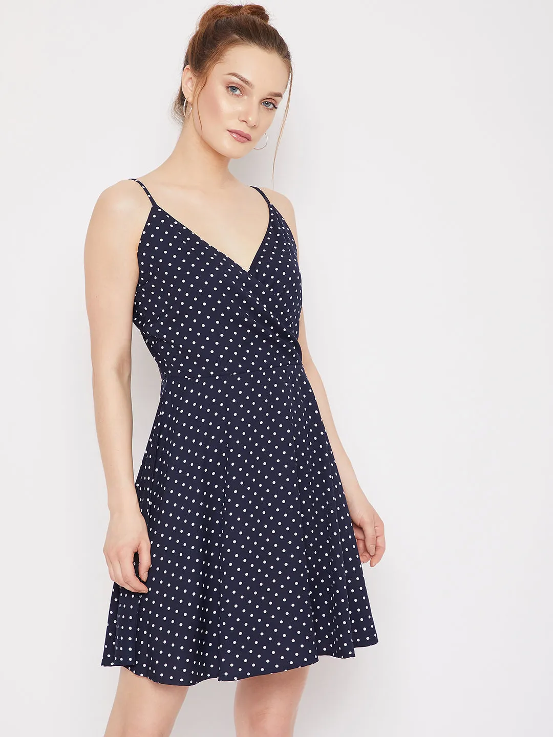 Berrylush Women Navy Blue & White Polka Dot Printed V-Neck Fit & Flare Wrap Mini Dress