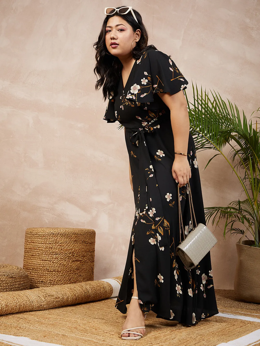 Berrylush Women Plus Size Black & White Floral Printed V-Neck Tie-Up Flutter Sleeve Thigh-High Slit Flared Wrap Maxi Dress