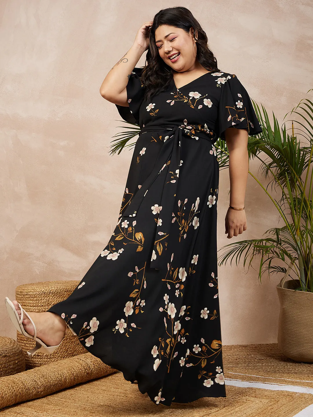 Berrylush Women Plus Size Black & White Floral Printed V-Neck Tie-Up Flutter Sleeve Thigh-High Slit Flared Wrap Maxi Dress