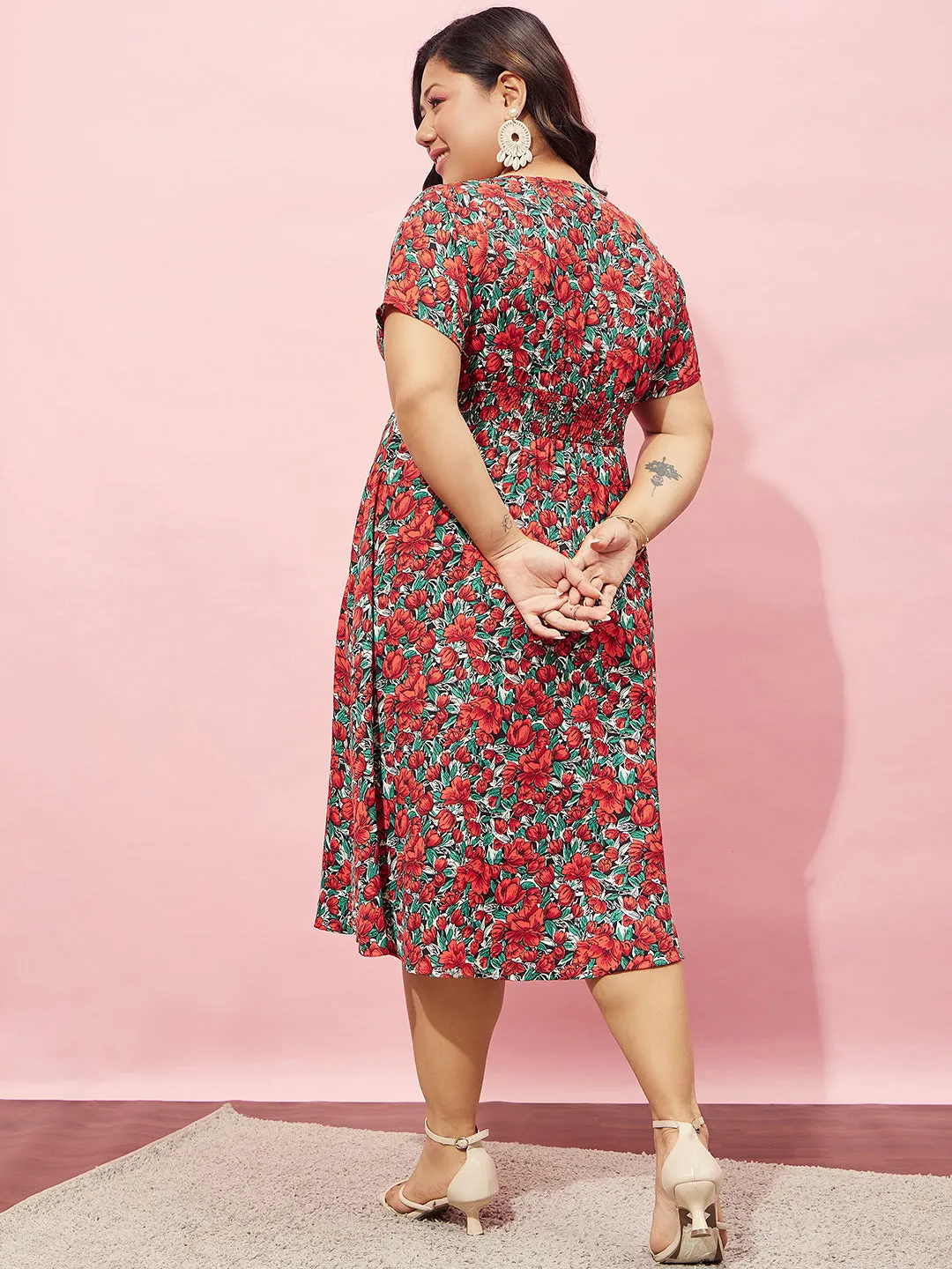 Berrylush Women Plus Size Red & Green Floral Printed V-Neck Crepe Flared Wrap Midi Dress