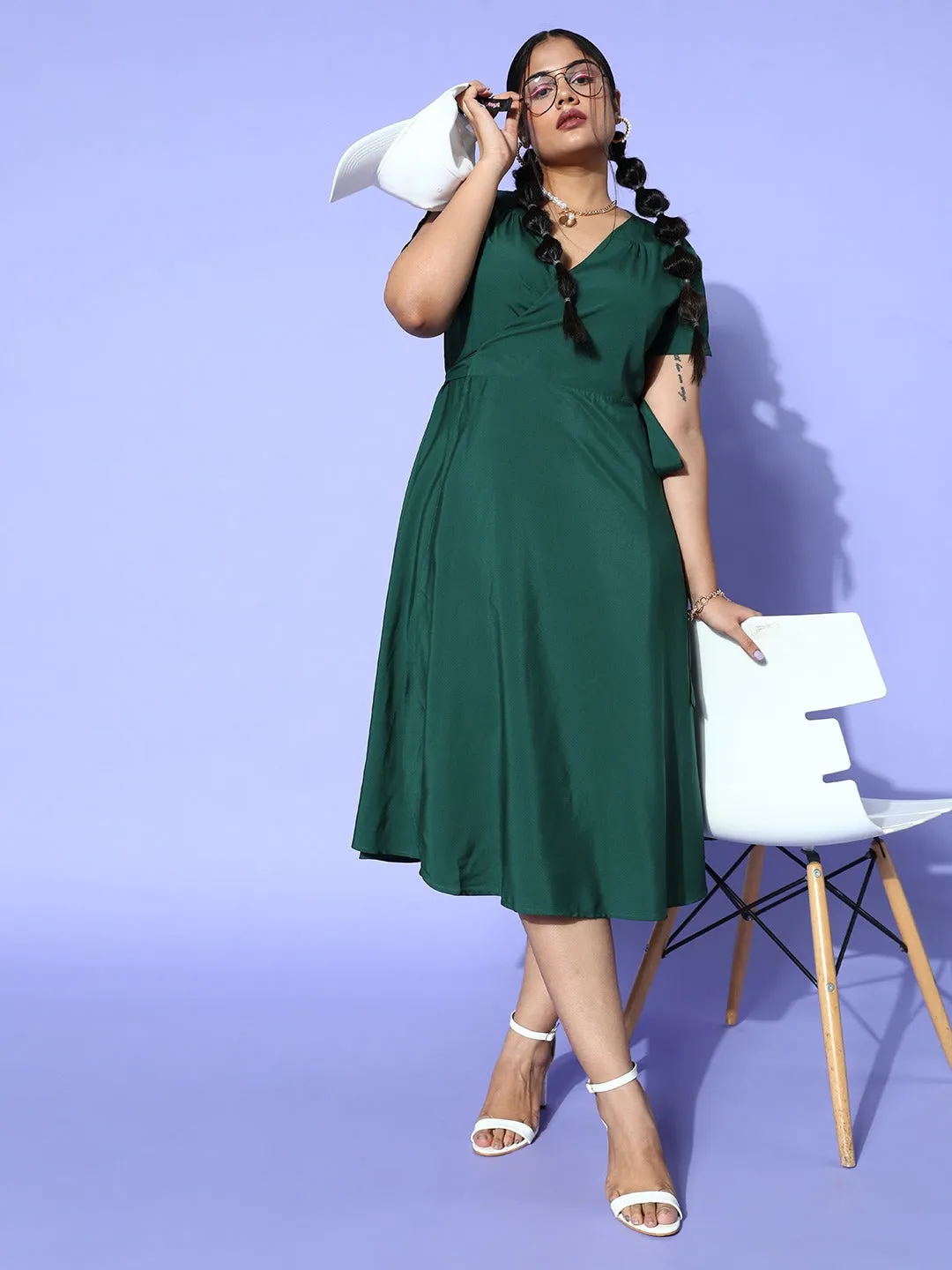 Berrylush Women Plus Size Solid Green V-Neck Slit Sleeve Waist Tie-Up Crepe Flared Wrap Midi Dress