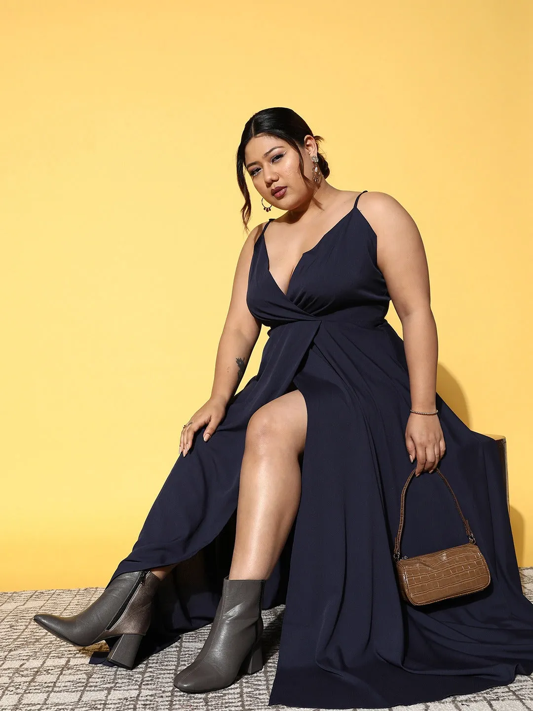 Berrylush Women Plus Size Solid Navy Blue V-Neck Crepe Thigh-High Slit Pleated Wrap Maxi Dress