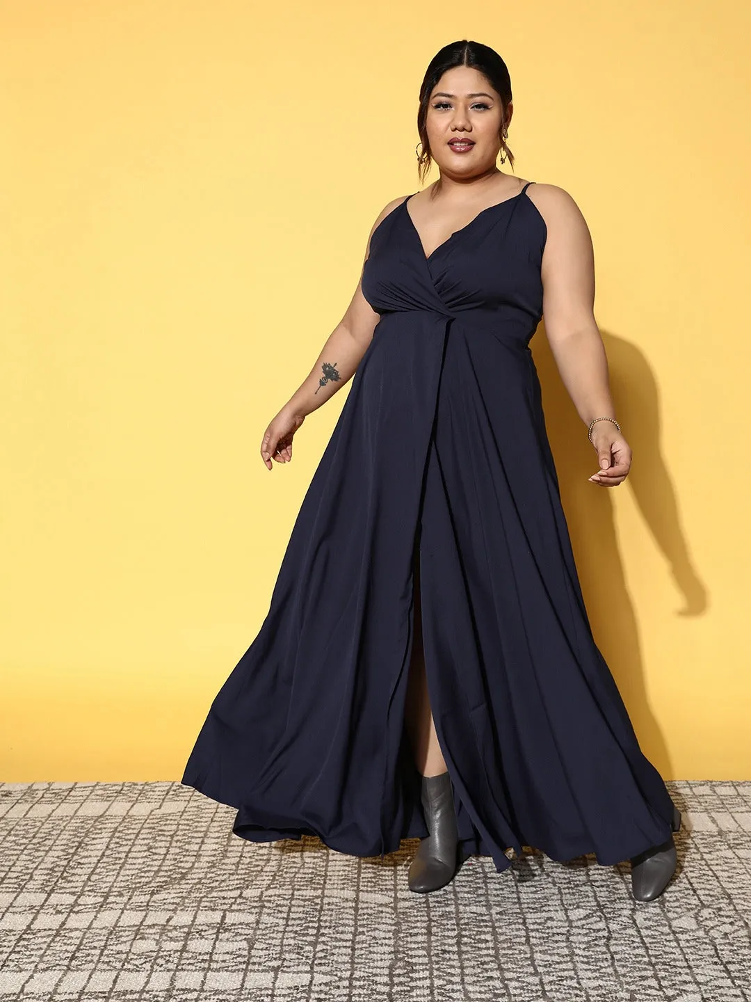 Berrylush Women Plus Size Solid Navy Blue V-Neck Crepe Thigh-High Slit Pleated Wrap Maxi Dress