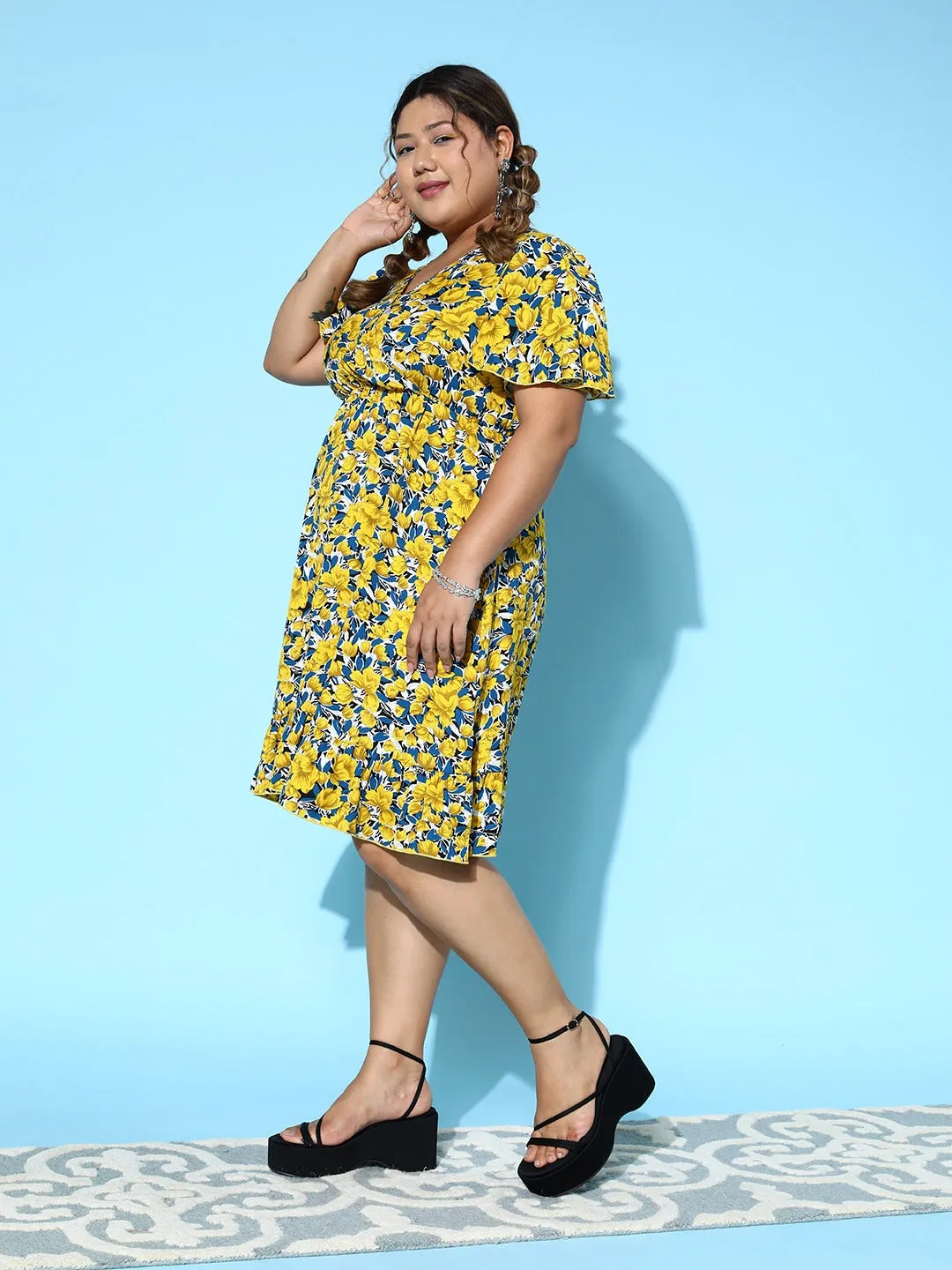 Berrylush Women Plus Size Yellow & Blue Floral Printed V-Neck Flare Sleeves Ruffled Wrap Midi Dress