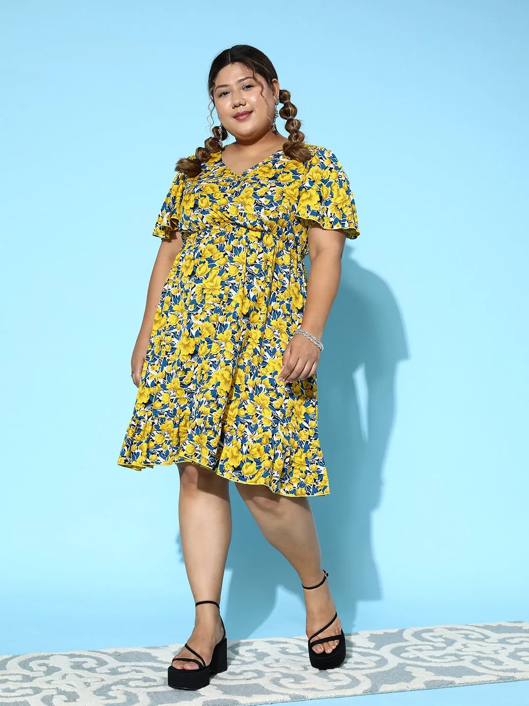 Berrylush Women Plus Size Yellow & Blue Floral Printed V-Neck Flare Sleeves Ruffled Wrap Midi Dress