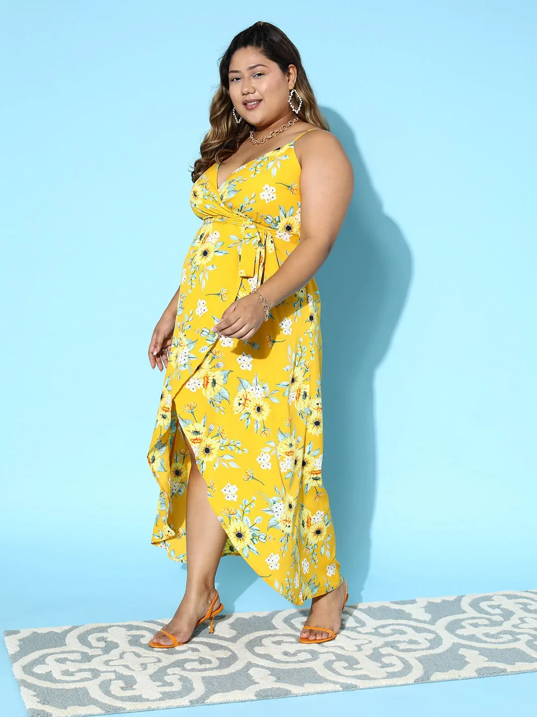 Berrylush Women Plus Size Yellow & White Floral Printed V-Neck Tie-Up Waist High-Low Hem Wrap Midi Dress