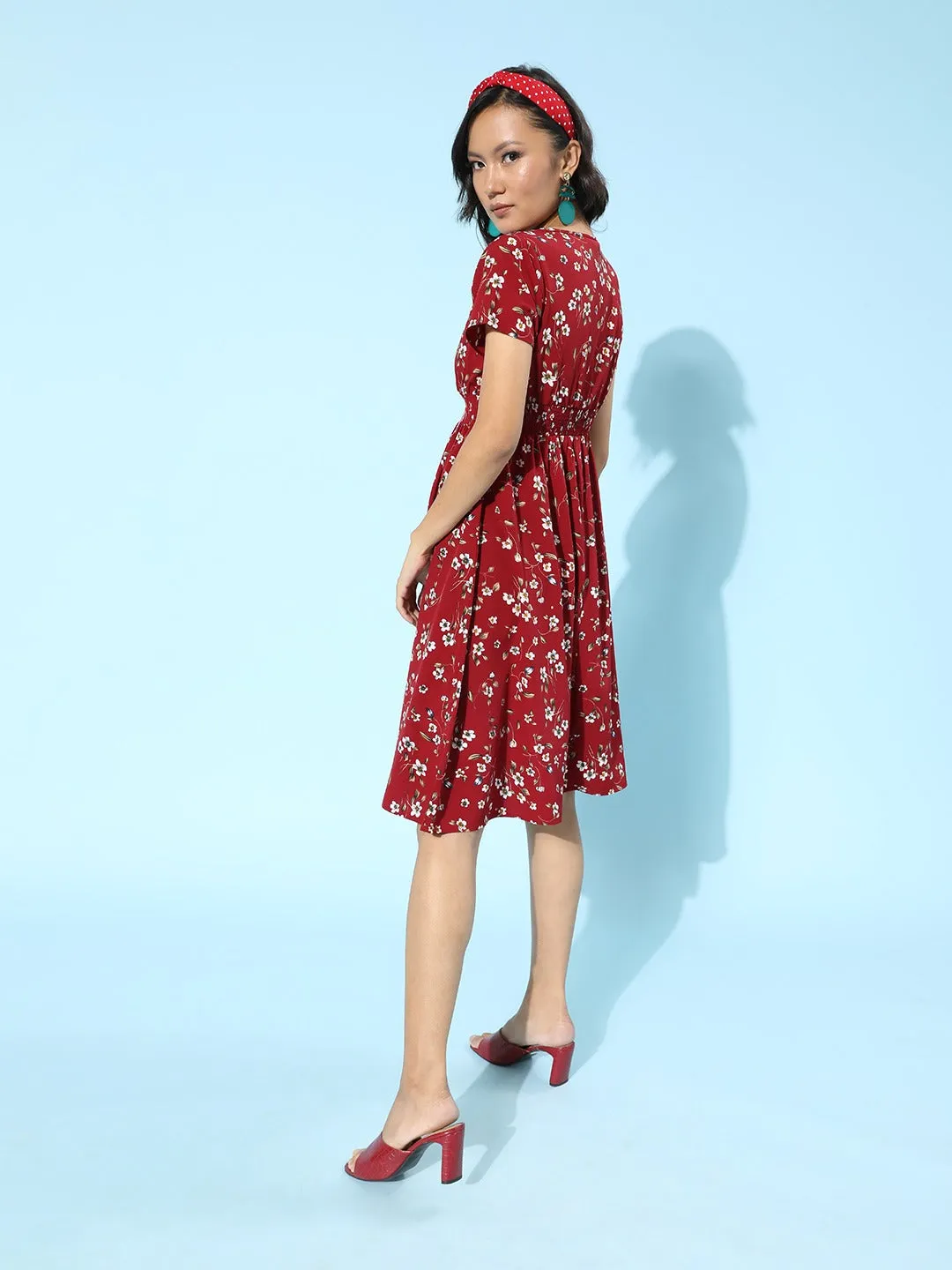 Berrylush Women Red & White Floral Printed V-Neck Smocked Wrap A-Line Midi Dress