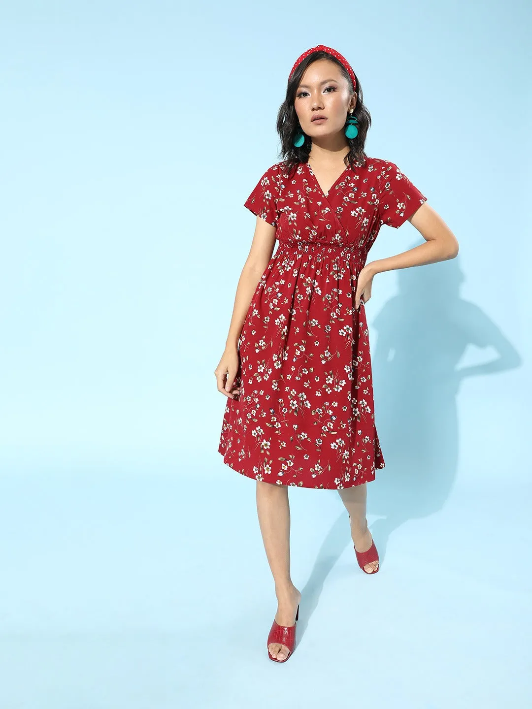 Berrylush Women Red & White Floral Printed V-Neck Smocked Wrap A-Line Midi Dress