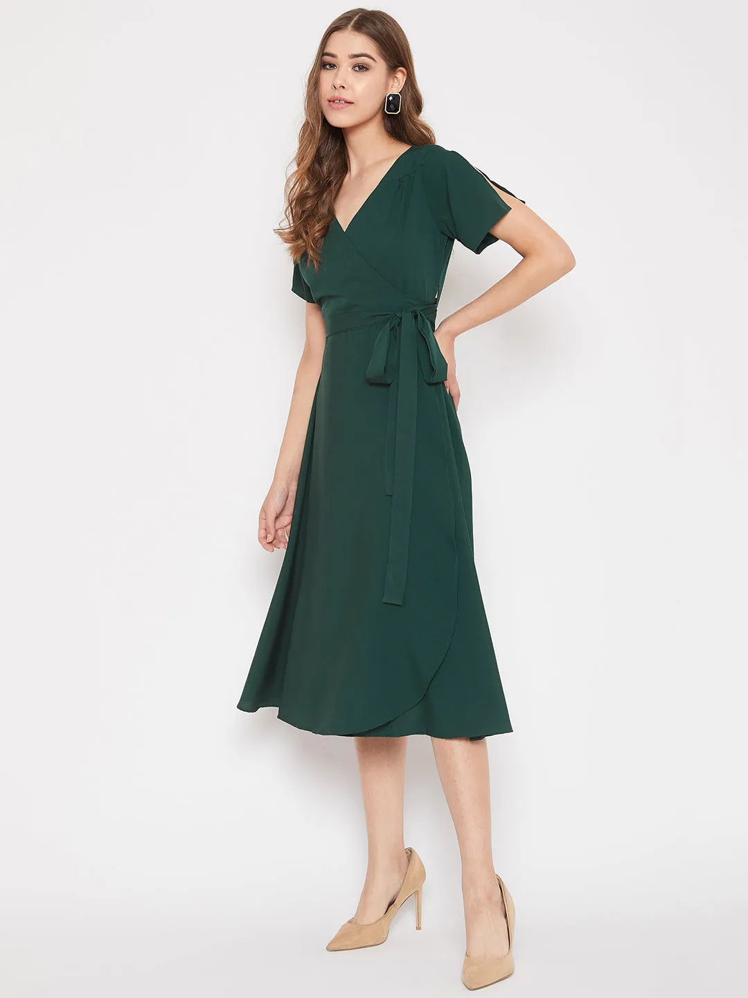 Berrylush Women Solid Green V-Neck Flared Wrap A-Line Midi Dress