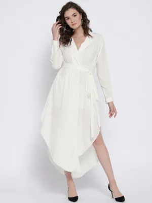 Berrylush Women Solid White Shirt Collar Neck Waist Tie-Up Empire Midi Dress