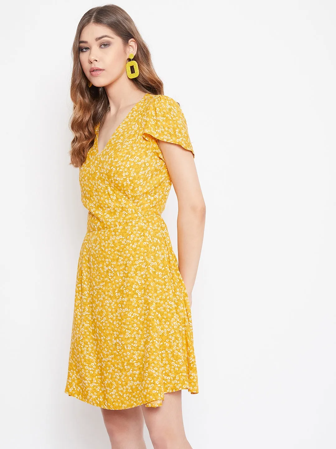 Berrylush Women Yellow Floral Printed A-Line Wrap Mini Dress