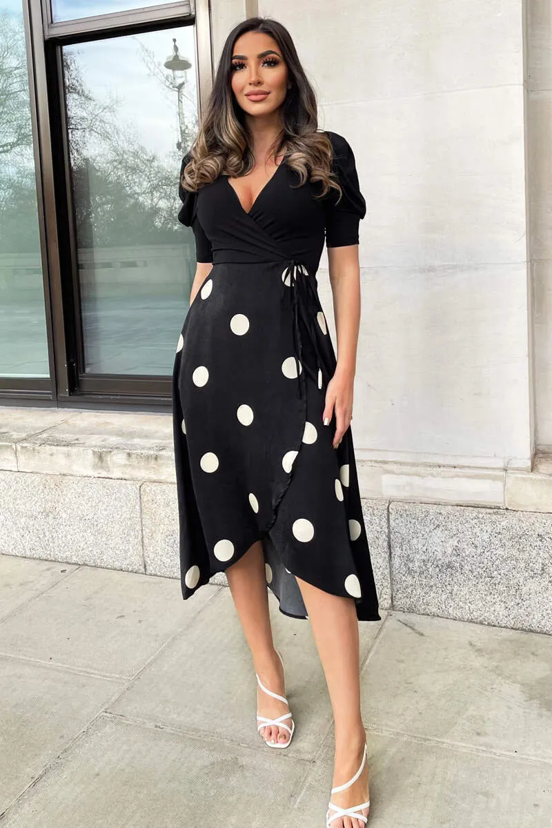 Black And Cream Polka Dot 2 in 1 Wrap Over Midi Dress