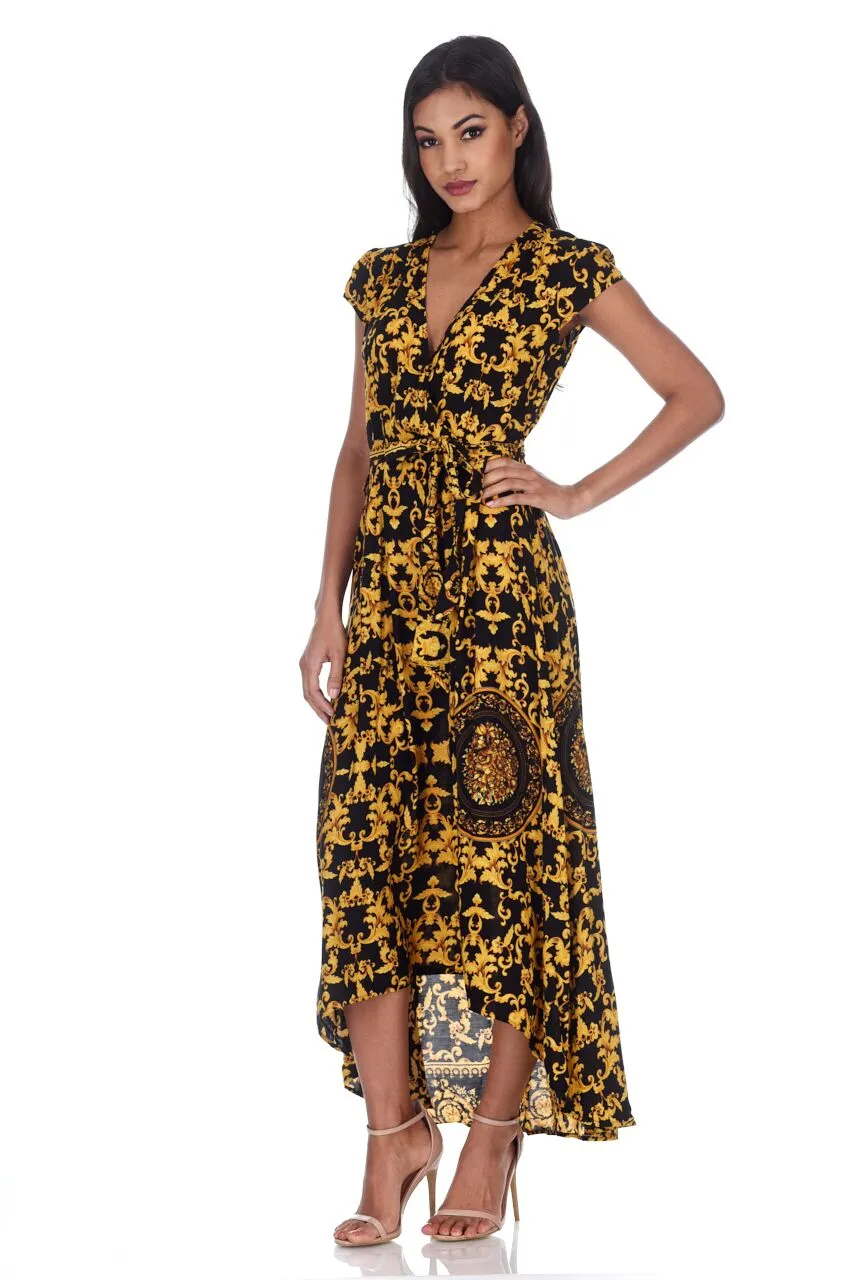 Black And Gold Patterned Wrap Over V Neck Dress