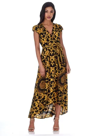 Black And Gold Patterned Wrap Over V Neck Dress