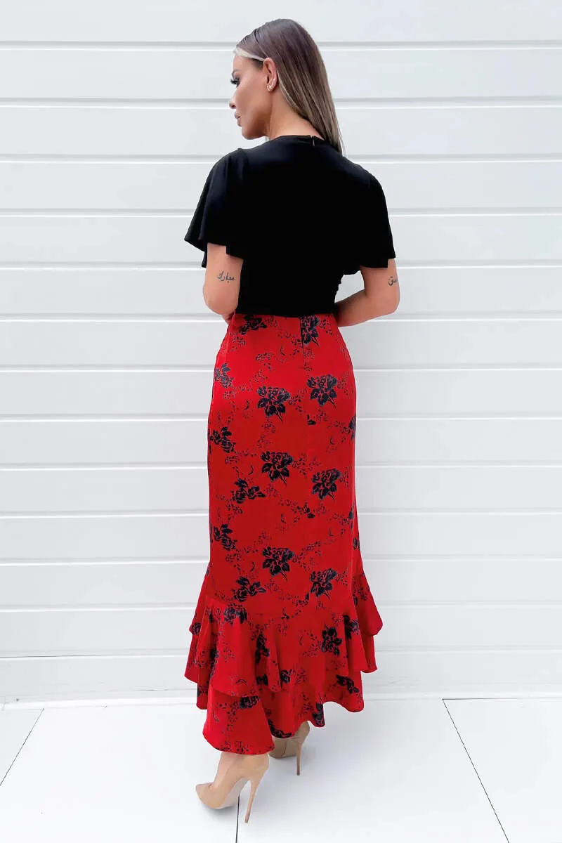 Black and Red 2 in 1 Floral Printed Wrap Midi Dress