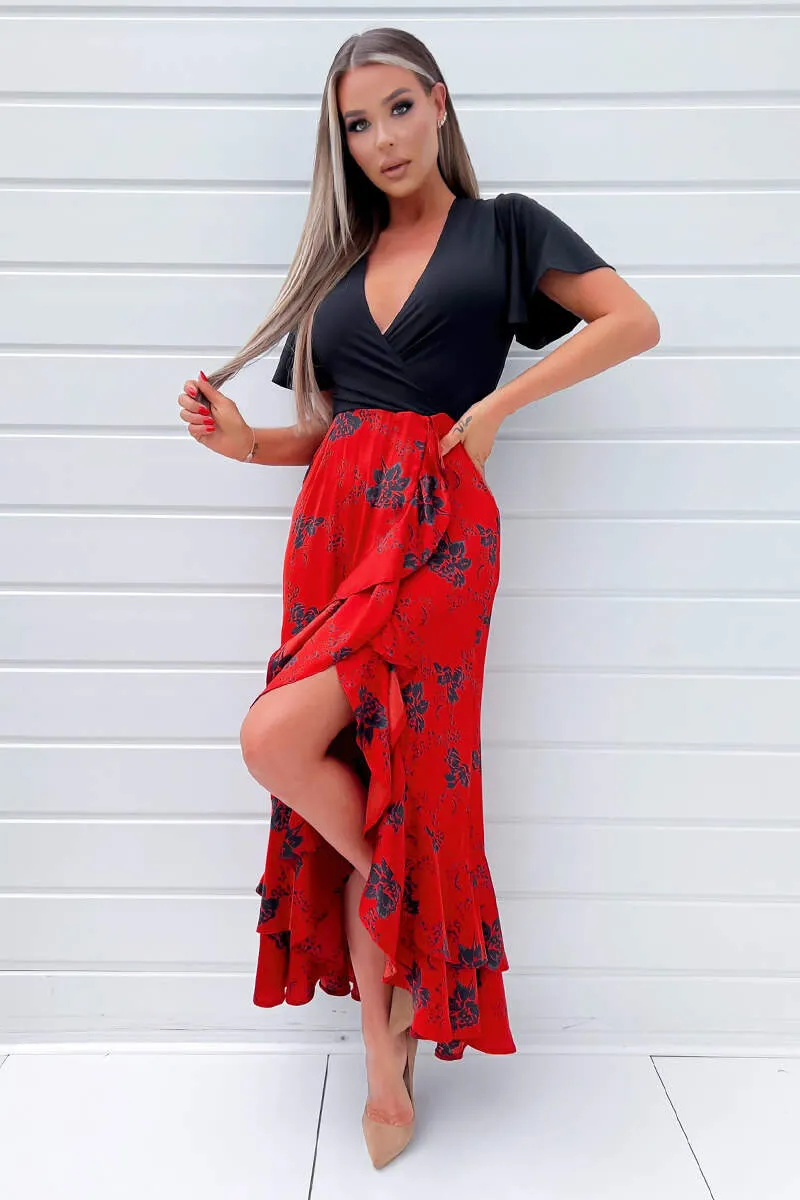 Black and Red 2 in 1 Floral Printed Wrap Midi Dress