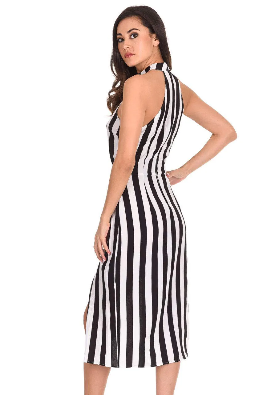 Black And White High Neck Striped Dress