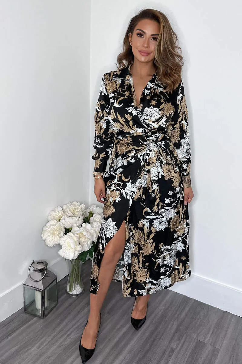 Black Floral Print Wrap Side Tie Midi Dress