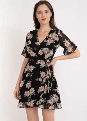 Black Floral Wrap Dress