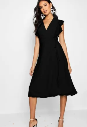 Black Georgette Ruffle Skater Wrap Dress