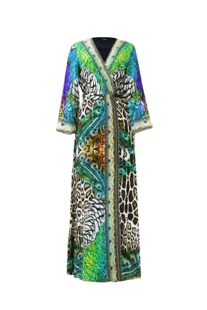 Black Peacock Print Wrap Dresses With Sleeves