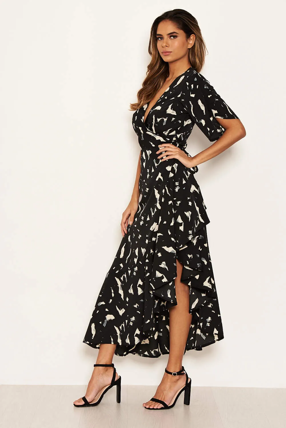 Black Printed Wrap Side Frill Dress