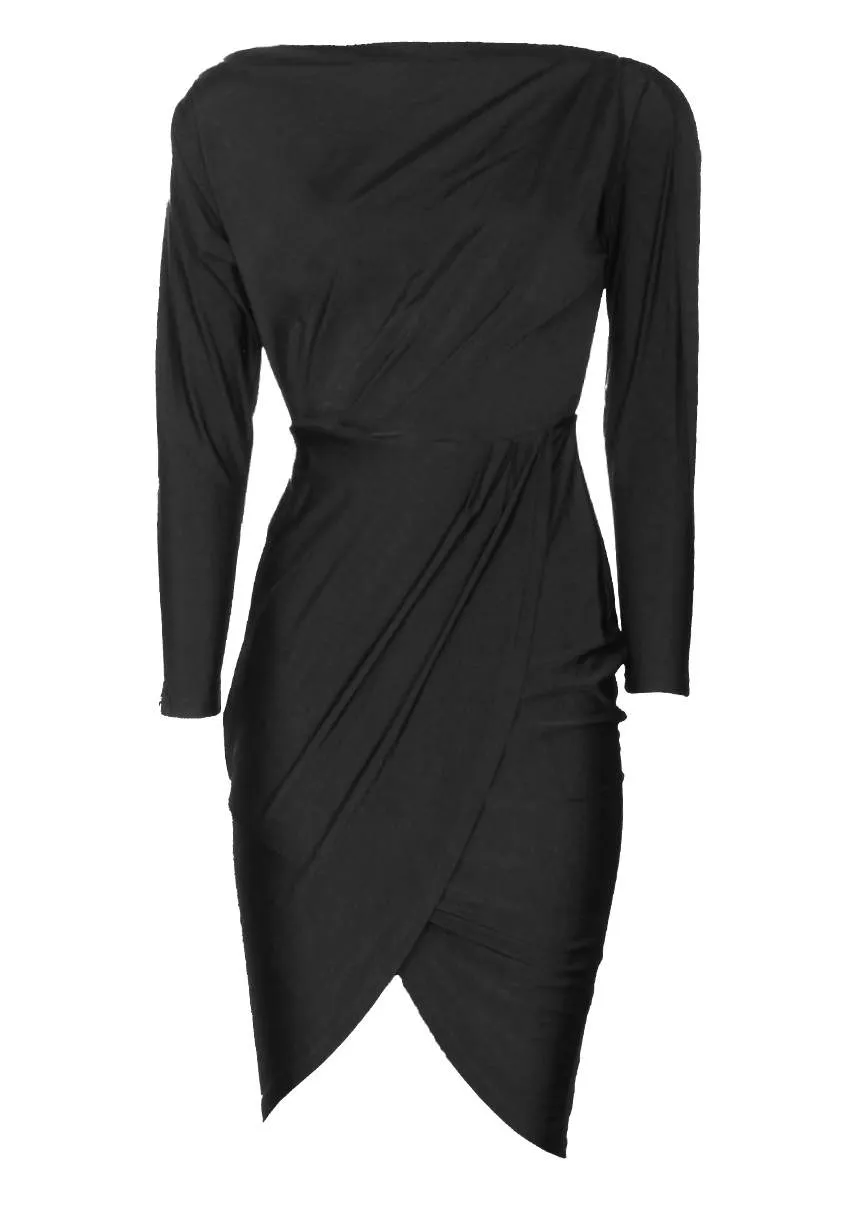 Black Relaxed Shoulder Wrapped Midi Dress