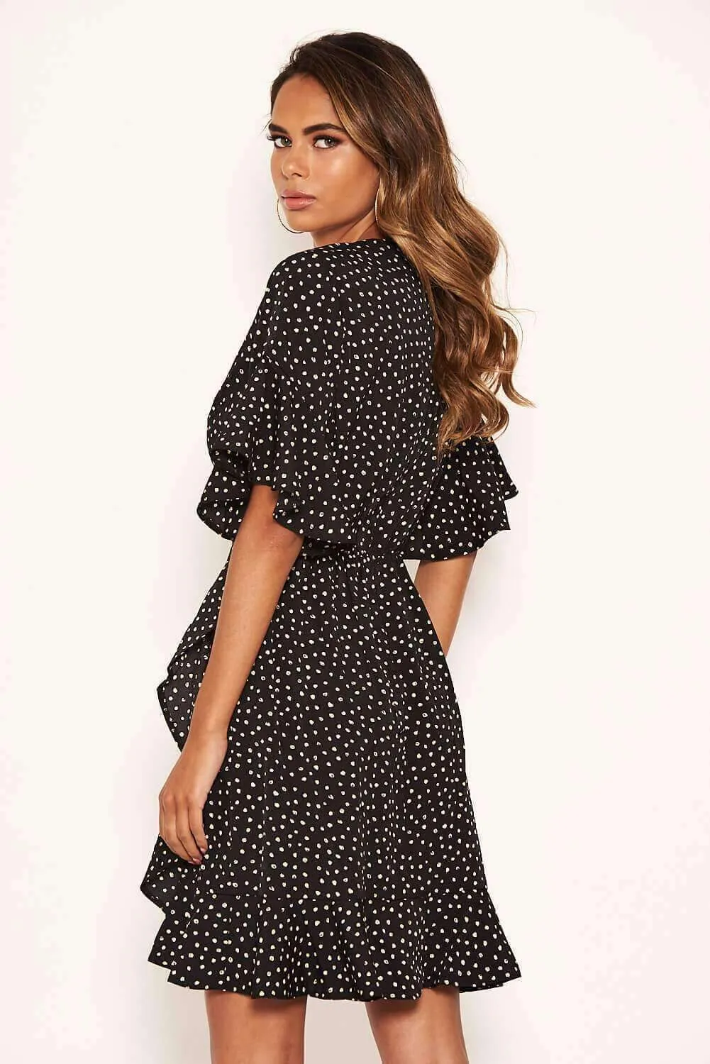 Black Spotty Wrap Frill Dress